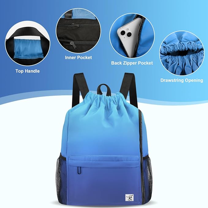 Drawstring Backpack with Mesh Pockets String Gym Bag Sackpack Sandproof Water - Image 4