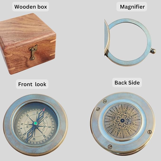 Vintage Brass Compass with Wooden Box – Antique Navigation Compass - Image 2