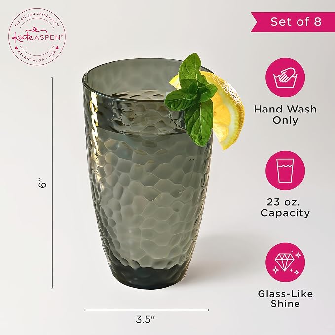 Kate Aspen Smoke Grey Hammered Plastic Tumblers, Plastic Drinking Glasses Set - Image 6
