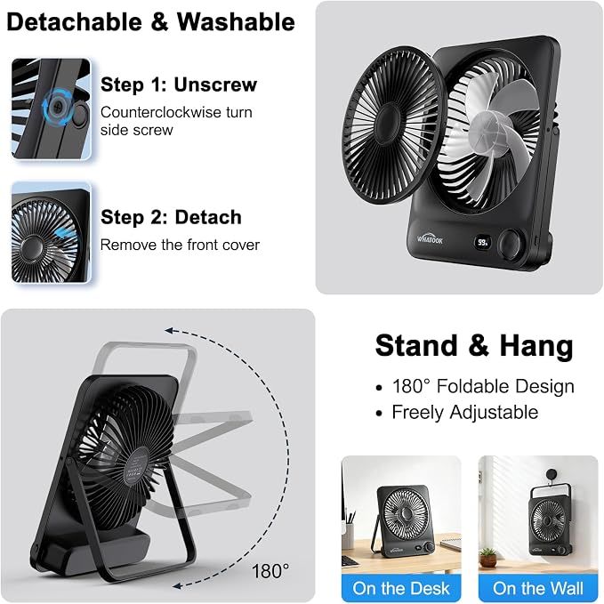 WHATOOK Large Travel Desk Fan: 10000mAh Battery 40 Hours Runtime Silent - Image 6