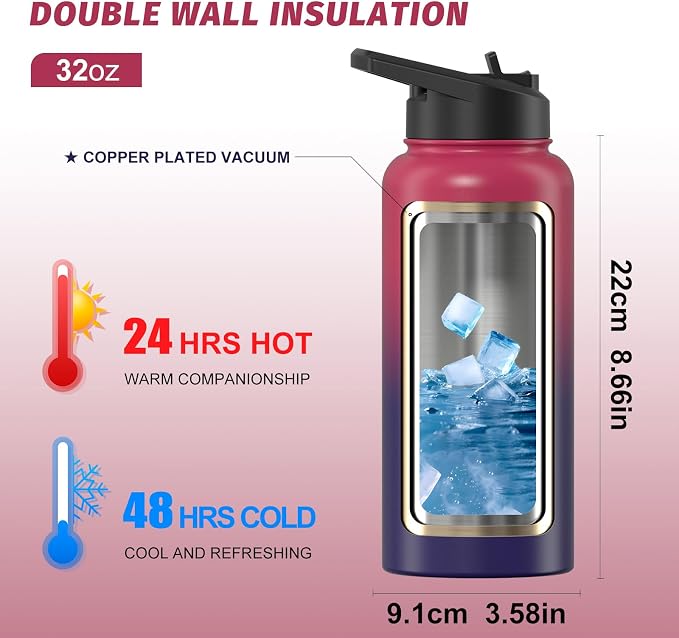 32oz Insulated Water Bottle, BPA Free&Leak Proof, Stainless Steel Water Flask - Image 2