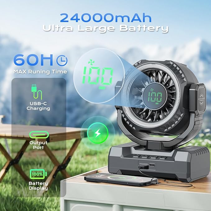 24000mAh Camping Fan, Portable Rechargeable Fan, Battery Powered Fan - Image 4
