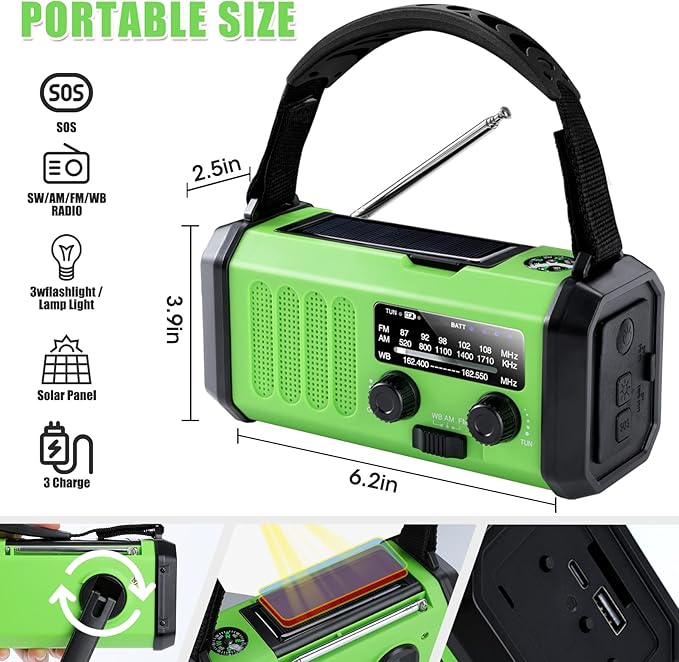 Leaton Emergency Radio with Solar/Hand Crank/USB Charging, 10000mAh - Image 5