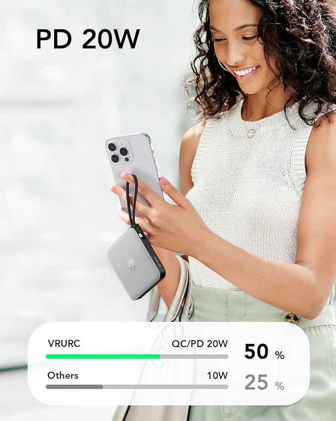 VRURC Portable Charger with Built-in Cable, 10000mAh 22.5W Fast Charging USB C - Image 7