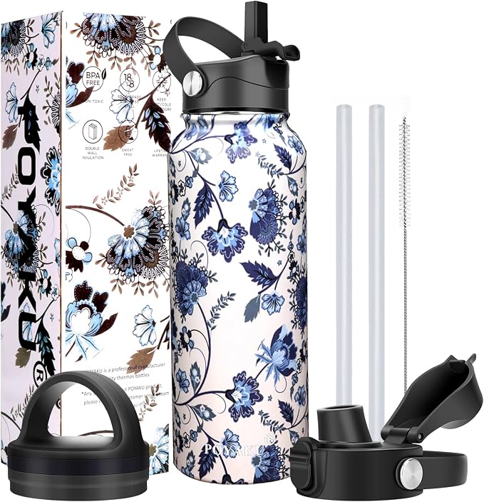 Water Bottle Insulated 32oz 40oz 64oz 128oz Straw Lid Spout Lid & 3 Lids by POYAKU