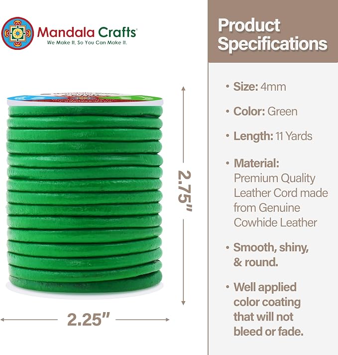Mandala Crafts Round Genuine Green Leather Cord - Image 4