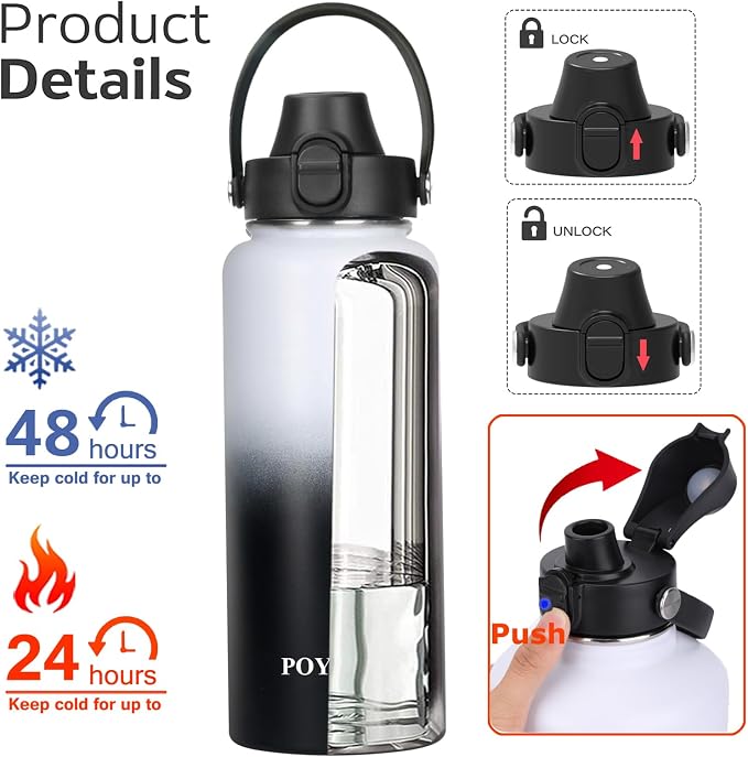 Water Bottle Insulated 32oz 40oz 64oz 128oz Straw Lid Spout Lid & 3 Lids - Image 2