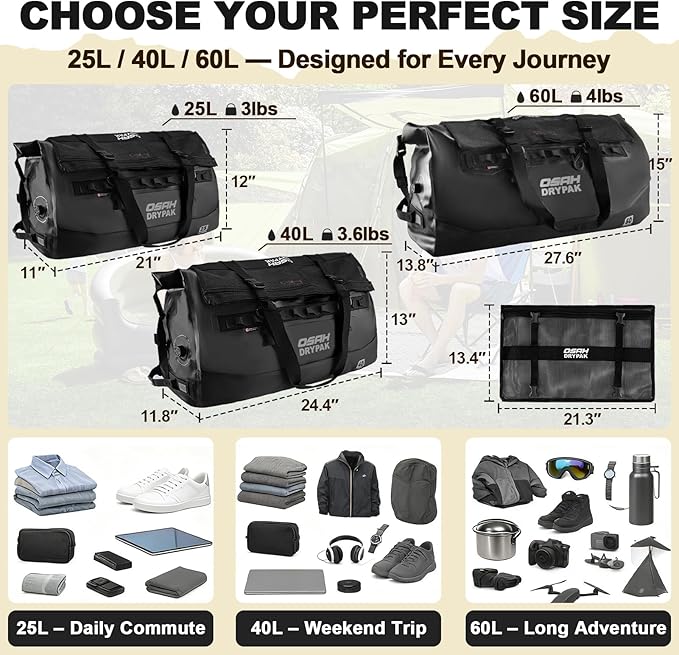 OSAH DRYPAK Waterproof Duffel Bag 25L/40L/60L – Heavy-Duty Motorcycle Tail Bag - Image 2