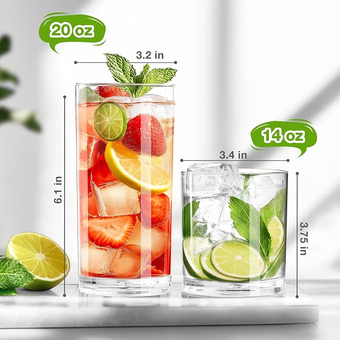 Plastic Drinking Glasses Set of 8, 14oz Rocks & 20oz Water Cups, Unbreakable - Image 4
