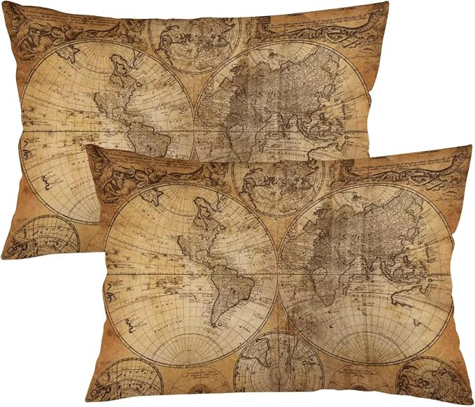 Vintage World Map Throw Pillow Covers Set of 2 Queen Size Old Paper Nostalgic by Unknown