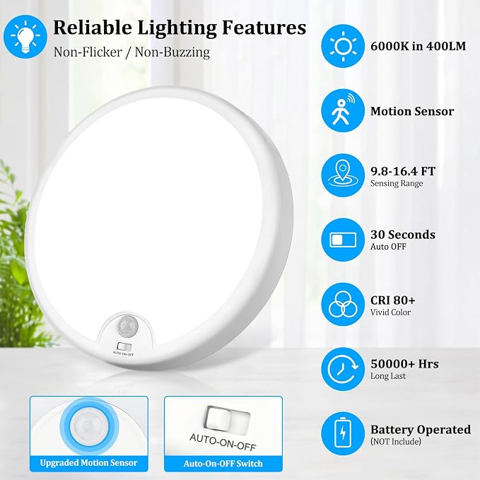 2-Pack Battery Operated Motion Sensor LED Ceiling Light, 7.2inch Flush Mount - Image 3