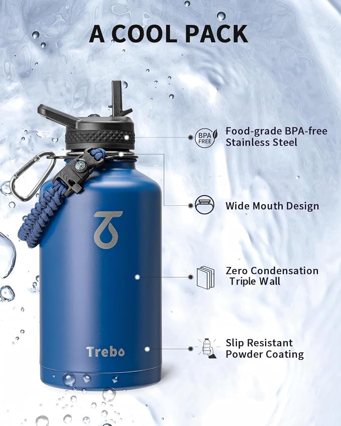 Trebo Water Bottle 64oz with Paracord Handle, Half Gallon Large Vacuum Triple - Image 6