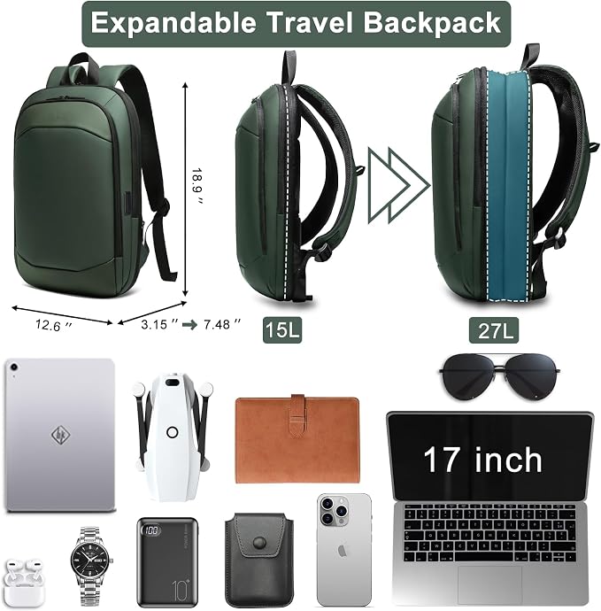 Business Backpack 17 Inch Slim Expandable Waterproof Travel Laptop Backpacks - Image 2