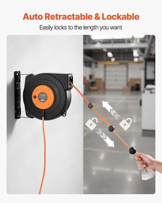 VEVOR Retractable Extension Cord Reel, 50 FT Heavy Duty 14AWG/3C SJTOW Power - Image 5