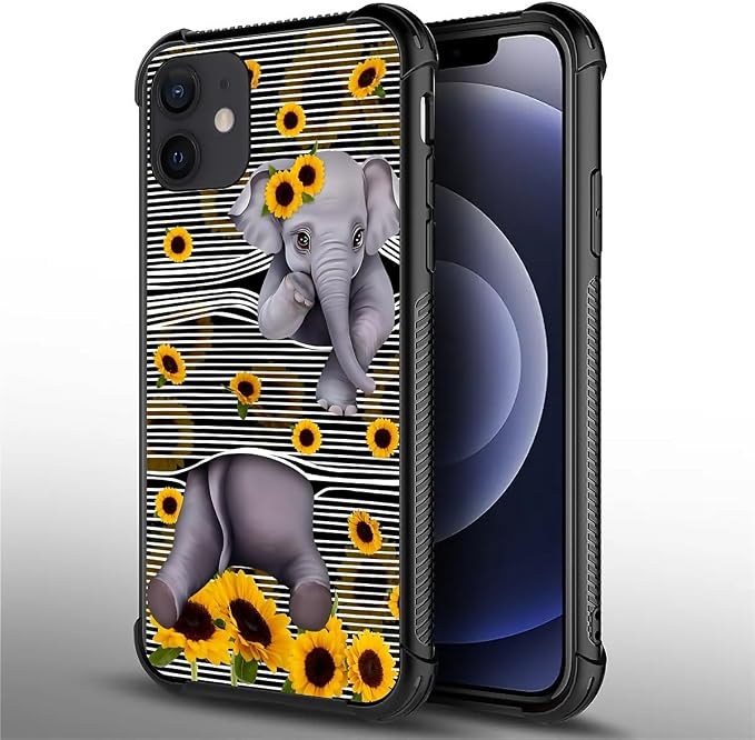 for iPhone 12/12 Pro Case, Cute Little Elephant Sunflower White Line Art - Image 2