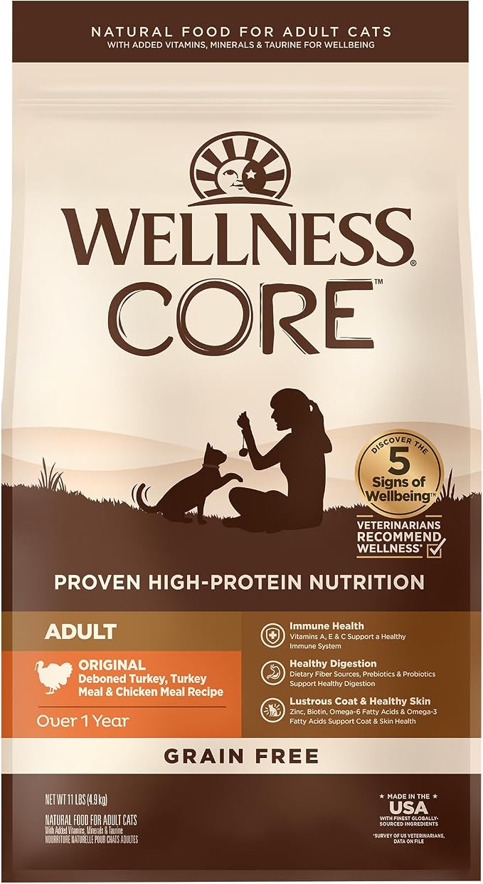 Wellness CORE Adult Dry Cat Food, Grain Free Kibble, Turkey Meal and Chicken by WellnessNaturalPetFood