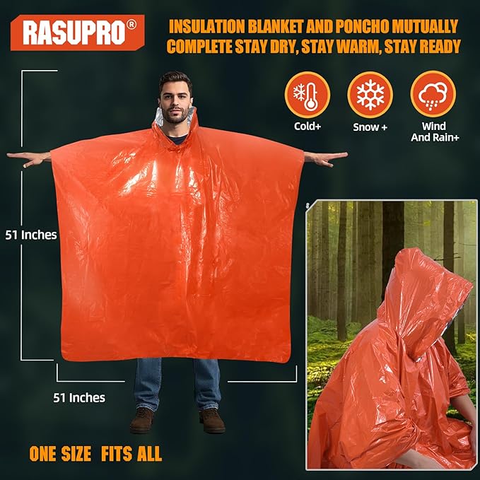 4 Pack Emergency Ponchos with Thickened Mylar Blanket Lining, Waterproof - Image 4