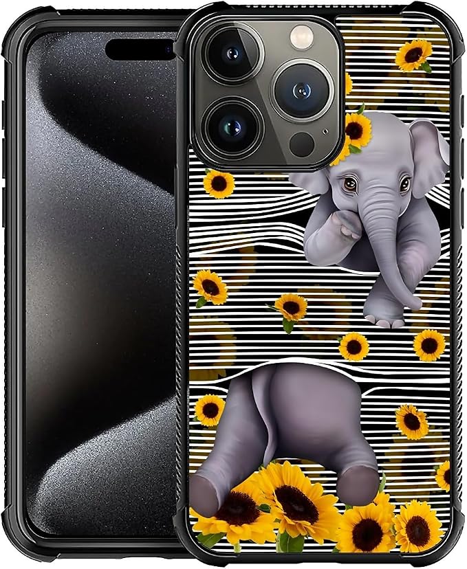 for iPhone 16 Pro Max Case, Cute Little Elephant Sunflower White Line Art by FKBRCL4U