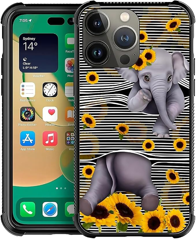 for iPhone 13 Pro Max Case, Cute Little Elephant Sunflower White Line Art by FKBRCL4U