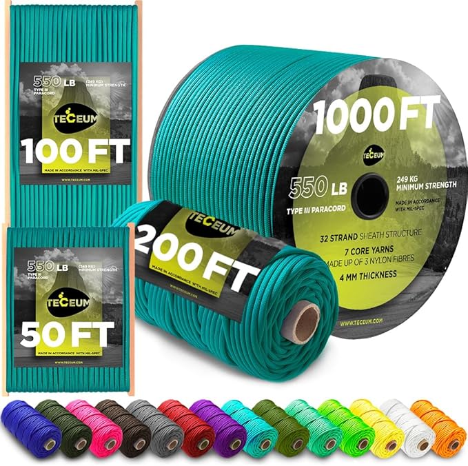 TECEUM 5/32" Paracord Rope 1000 – 1000ft / 200ft / 100ft / 50ft – Tactical by TECEUM