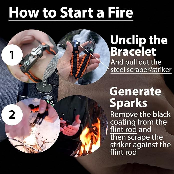 aZengear Paracord Survival Bracelet | Flint Steel Fire Starter, Mini Saw | - Image 4