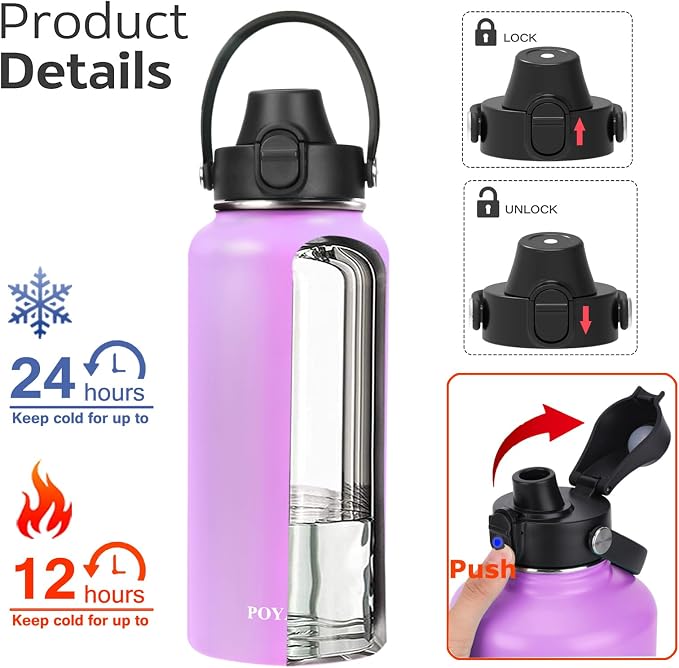 Water Bottle Insulated 32oz 40oz 64oz 128oz Straw Lid Spout Lid & 3 Lids - Image 2