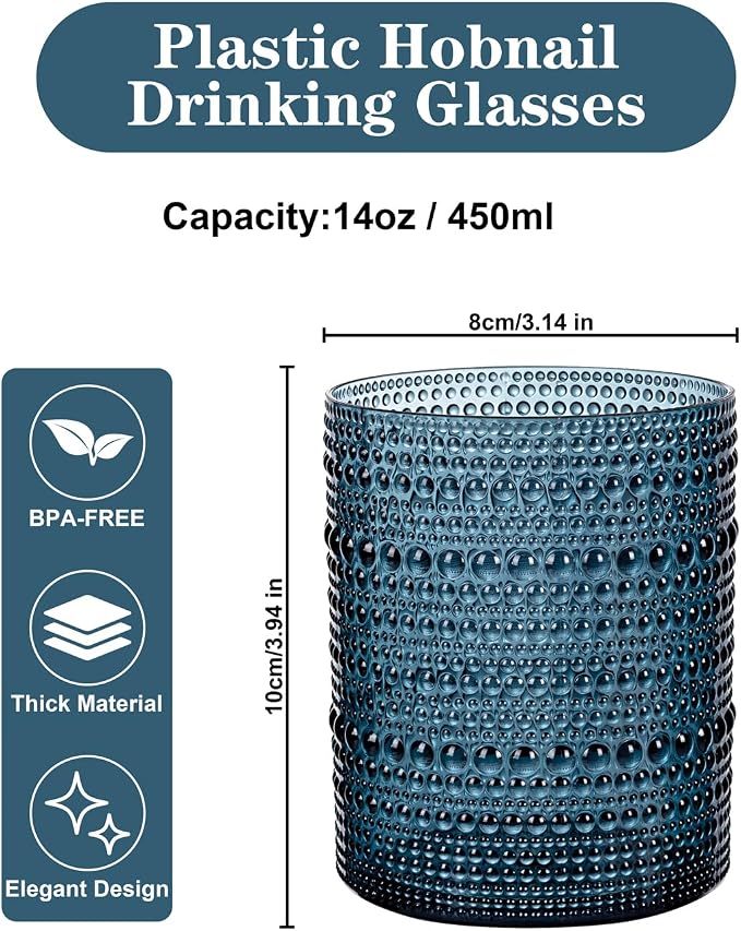18PCS Hobnail Plastic Drinking Glasses - 14Oz Beaded Mixed Drinkware Sets - Image 3