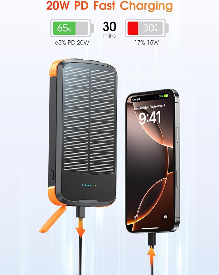 Solar Charger Power Bank, PD 20W Fast Charging External Batter, 40000mAh - Image 4