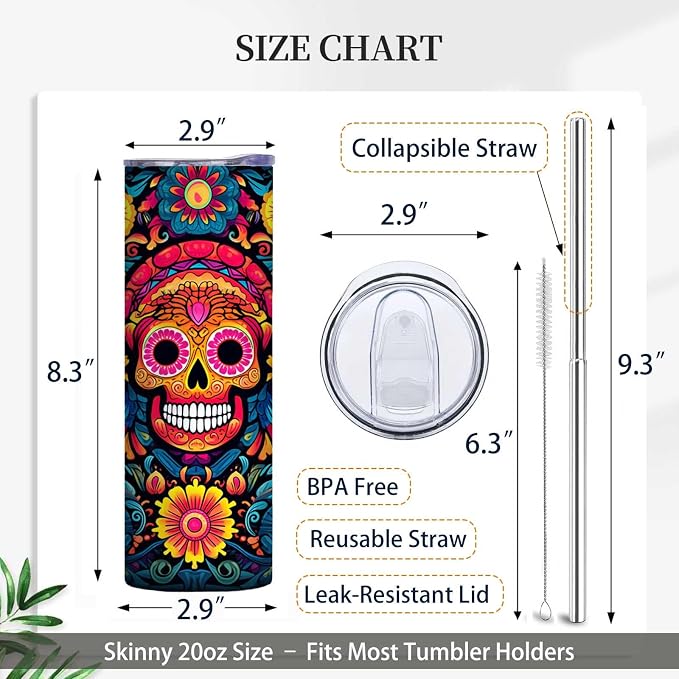Firmiso 20 oz Tumbler｜Skinny Insulated Travel Mug｜Sugar Skull Floral Stainless - Image 5