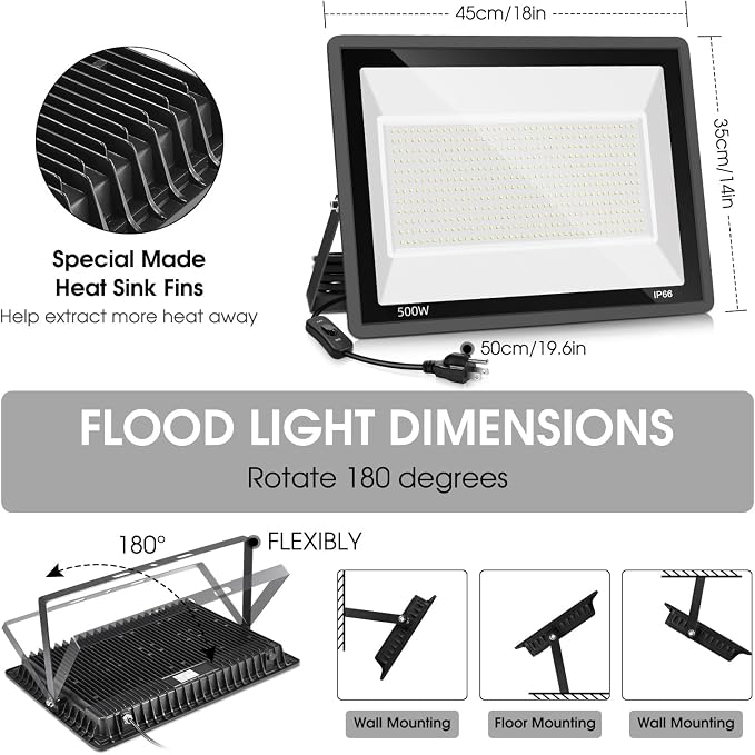 YANYCN 2 Pack 500W LED Flood Light Outdoor, 2750W Equivalent Super Bright - Image 5