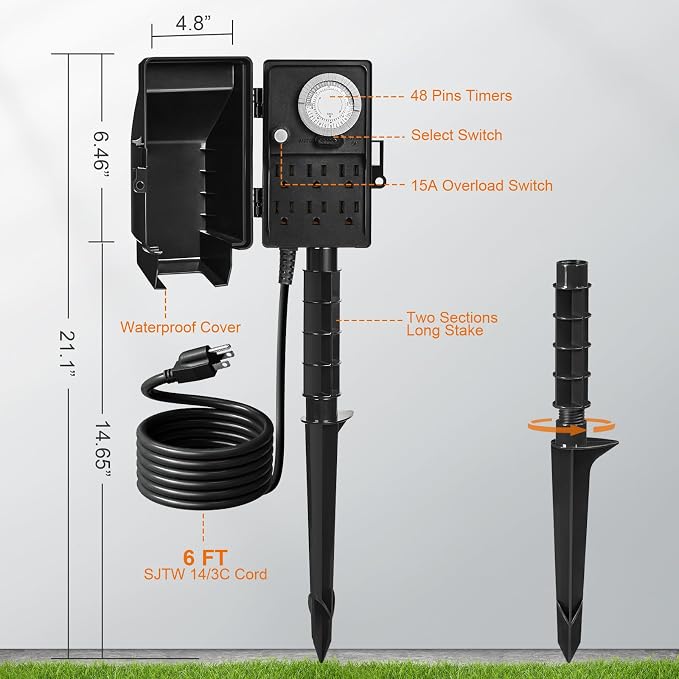 SURAIELEC Outdoor Power Stake, 24-Hour Mechanical Light Timer, Electrical Power - Image 7