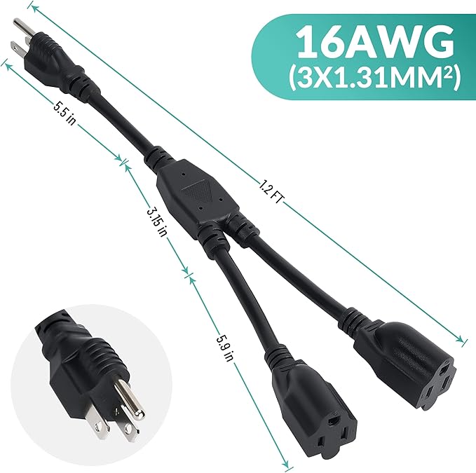 Elecan 3-Prong Y Splitter Power Extension Cord 1 FT/2 Pack, Straight Plug 1 to - Image 6