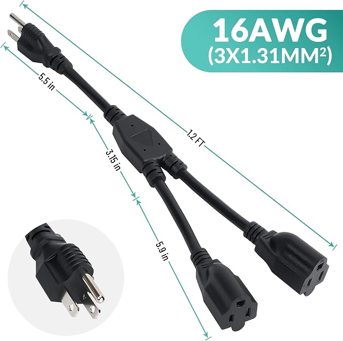 Elecan 3-Prong Y Splitter Power Extension Cord 1 FT/3 Pack, Straight Plug 1 to - Image 6