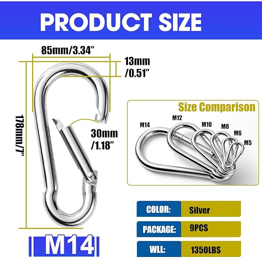 9Pack 7 Inch Spring Snap Hooks, Heavy Duty Carabiner Clips - Image 2