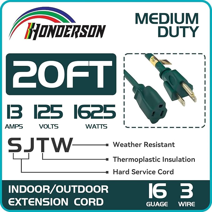 20FT Outdoor Extension Cord-16/3 SJTW Durable Green Extension Cable - Image 2