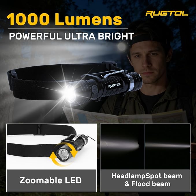 Rugtol Headlamp, USB C Rechargeable Battery Powered Head Lamp LED Flashlight - Image 3