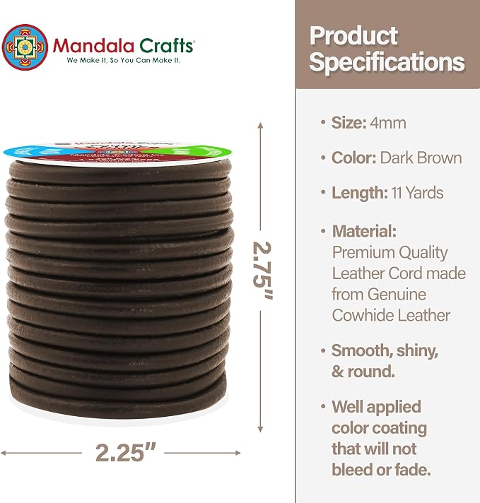 Mandala Crafts Round Genuine Dark Brown Leather Cord - Image 4