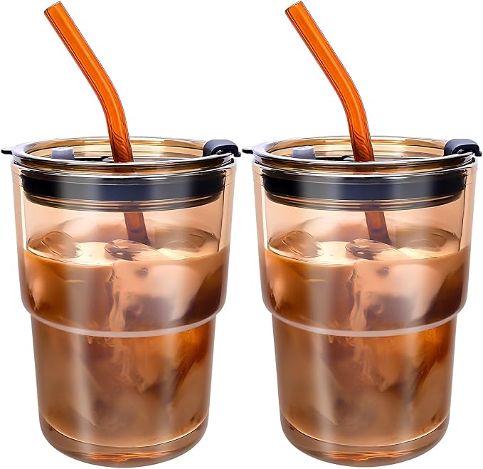 2 PCS Iced Coffee Cups with Lids, 15Oz/450ml Glass Cups With Lids and Straws by WelcomeToColnic