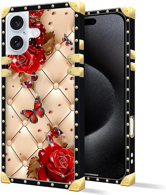 Compatible with iPhone 16 Case, Shining Red Rose Butterfly Leather Background - Image 2