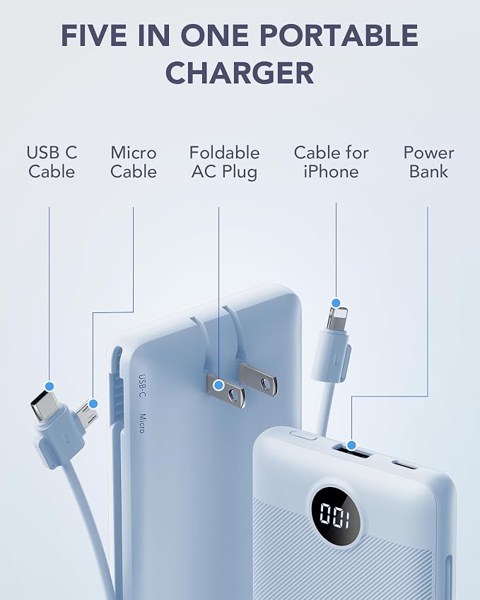 VRURC Portable Charger Built-in Cables and AC Wall Plug, USB C Power Bank - Image 3