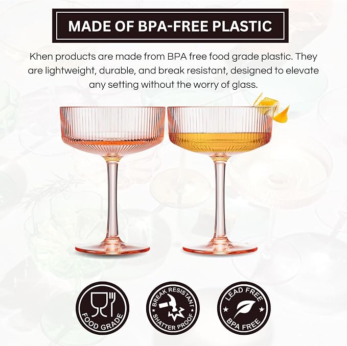 Khen Shatterproof Acrylic Ribbed Vintage Art Deco Martini, Champagne & Cocktail - Image 3