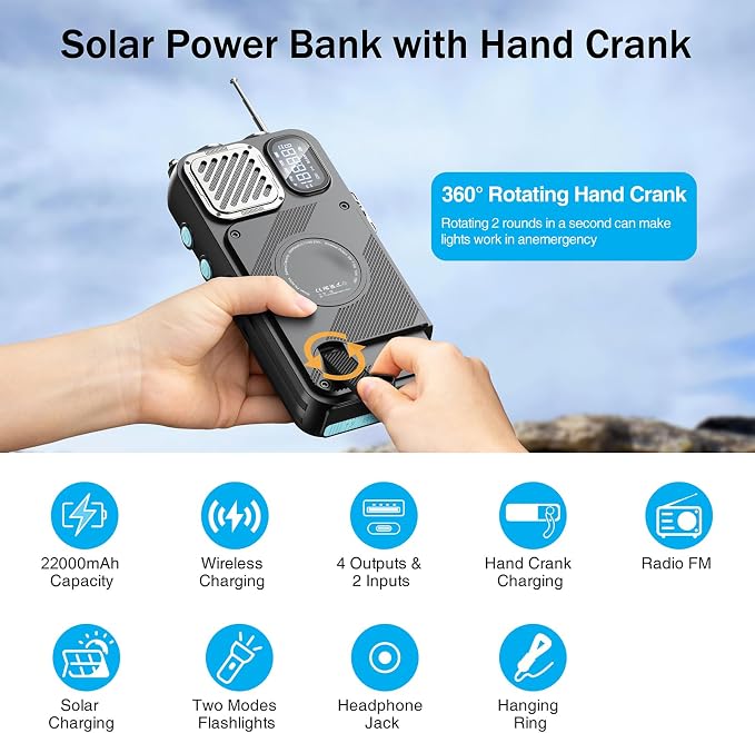 Emergency Radio&22000mAh Solar Power Bank, FM NOAA Weather Radio, Portable Hand - Image 5