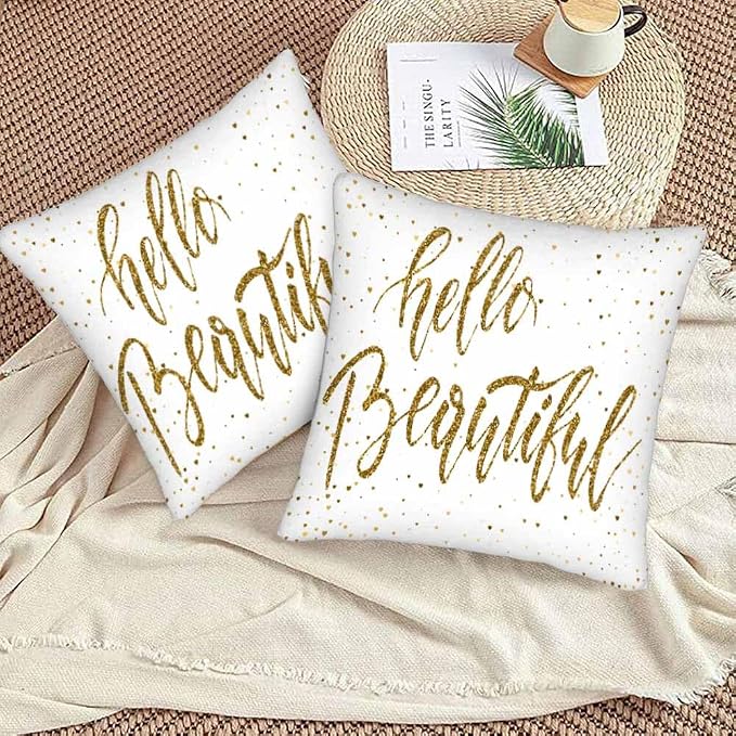 Hello Beautiful Bling Pillow Covers 18 X 18 Gold Glitter Motivational Quote Set - Image 3
