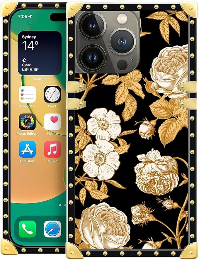 Compatible with iPhone 14 Pro Case, Blooming Rose Golden Flower Luxury Golden by Unknown