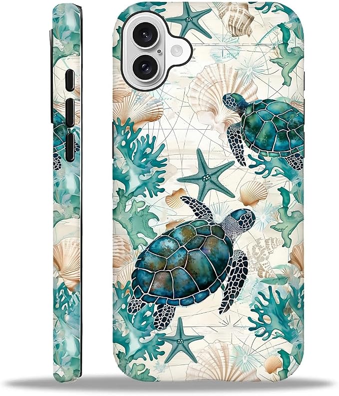 for iPhone 16 Case, HH2 Ocean Sea Turtle Nautical Map Hybrid 2 Layer Hard Shell by Unknown