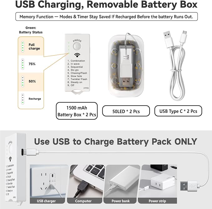 HXWEIYE Rechargeable Fairy Lights Battery Operated, DIY Timer & 8 Modes - Image 6