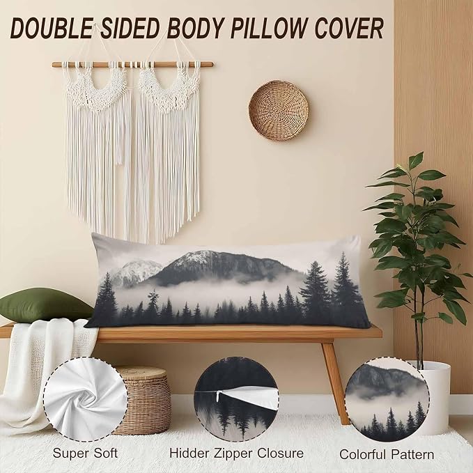 Forest Rectangle Body Pillow Covers Foggy Forest Mountain Winter 20"X54" Couch - Image 4