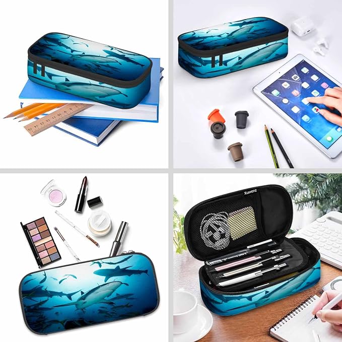 Sharks Pencil Case Organizer Ocean Sea Fish Light Blue Stationery Box Makeup - Image 6