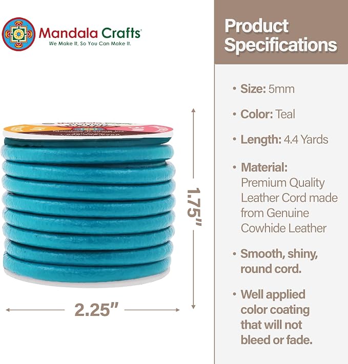 Mandala Crafts Round Genuine Teal Leather Cord - Image 4