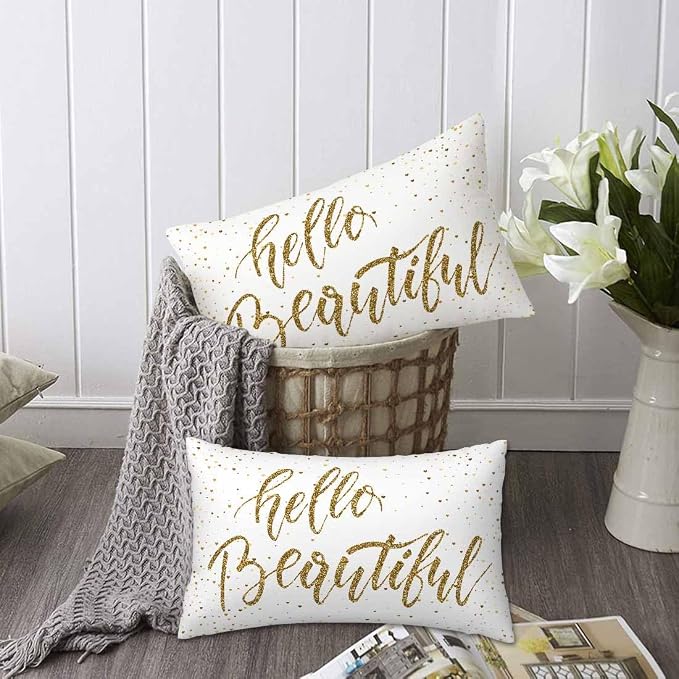 Hello Beautiful Bling Pillow Covers 12 X 20 Gold Glitter Motivational Quote Set - Image 6